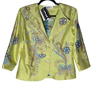 Anage 100% Silk Jacket Womens Small Floral Embroidered Beaded Green Blue VTG NEW